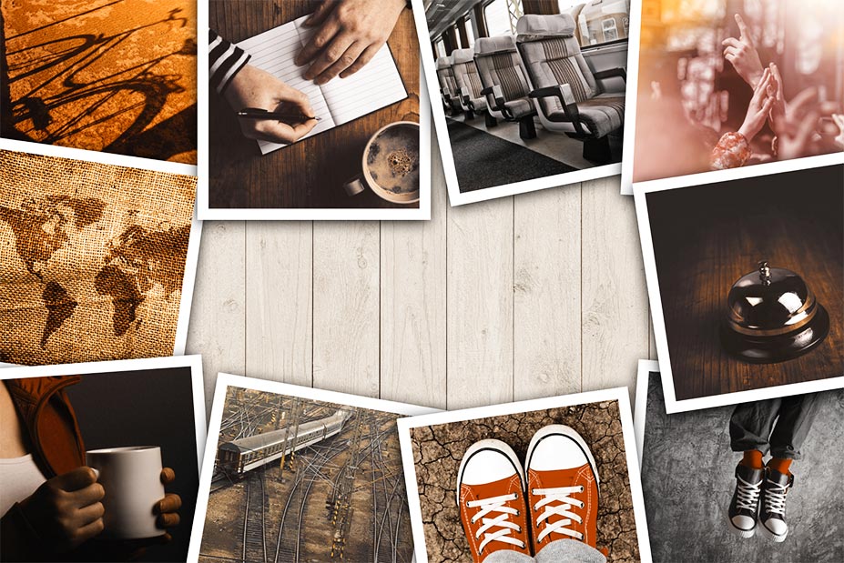 Several photos are arranges on a wooden backgound; they show various scenes and items such as shoes, hands holding a coffee mug and trains.