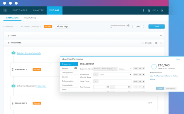 A screenshot of Zaius' ecommerce marketing software interface.