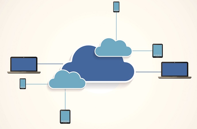 A picture of digital clouds connected to computers.