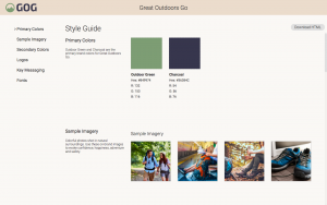 Screenshot of an exemplary style guide page in the Canto Digital Asset Management system, showing sample images and corporate colors.