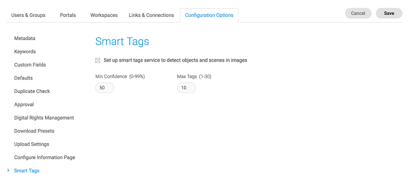 Screenshot of the Smart Tags configuration page in the Canto DAM.