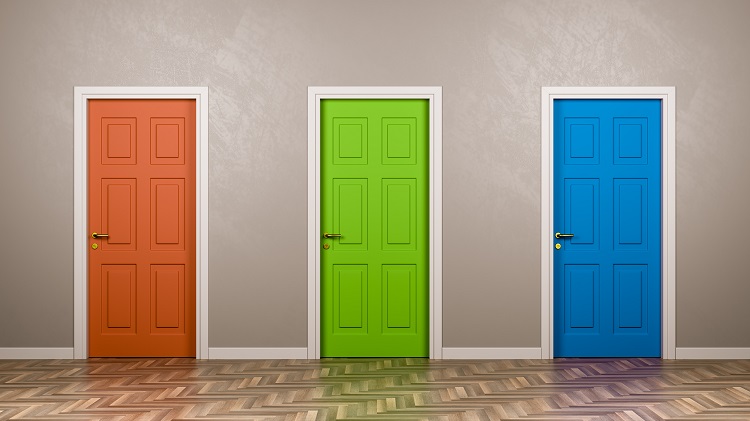 Three closed doors of a different colors.