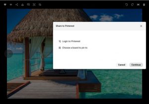 Screenshot of the interface of the Canto DAM showing an asset with a tropical resort in detailed view, overlaid by a dialog box detailing the steps to share the selected asset via Pinterest.