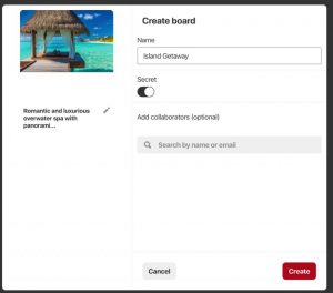 Screenshot of the interface of the Canto DAM with a dialog box offering options to create a new Pinterest board with the chosen asset directly from Canto.