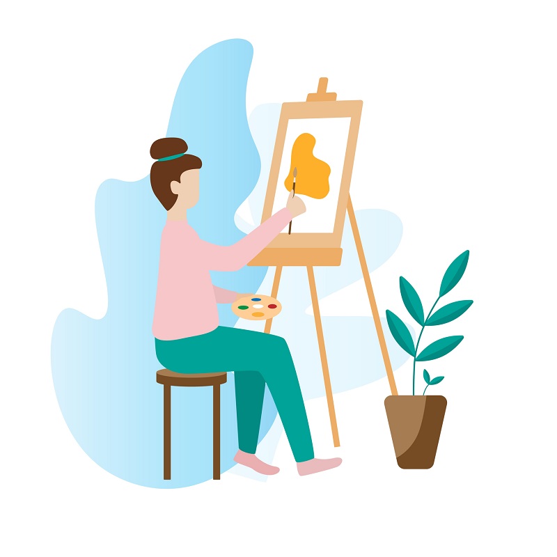 An animated woman painting.