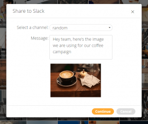 Screenshot showing the popup window for sharing assets in Slack, including a view of the asset, a dropdown list for channel selection and text box for customizing the message.