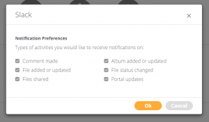 Screenshot of the notification preferences in the Slack integration for Canto DAM.