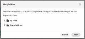 A dialog box confirming the successful connection of Canto and Google Drive.