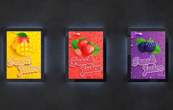 Three differently-colored juice ads.