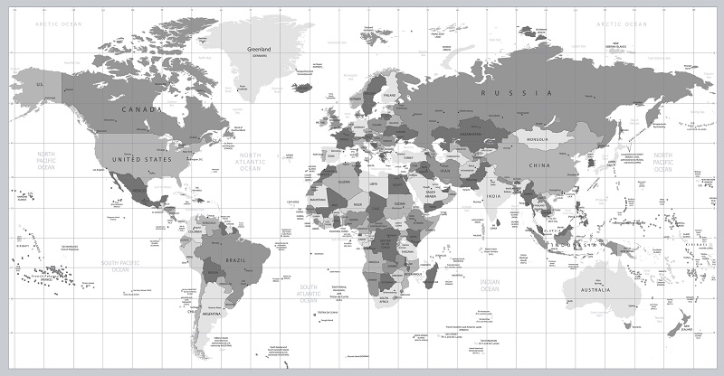 A grayscale image of a world map.