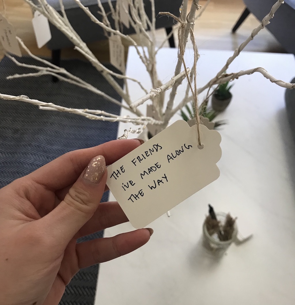 A photo of one of the gratitude tags on our Thanksgiving bouquet. 