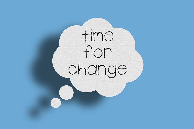 A bubble that reads 'time for change'.