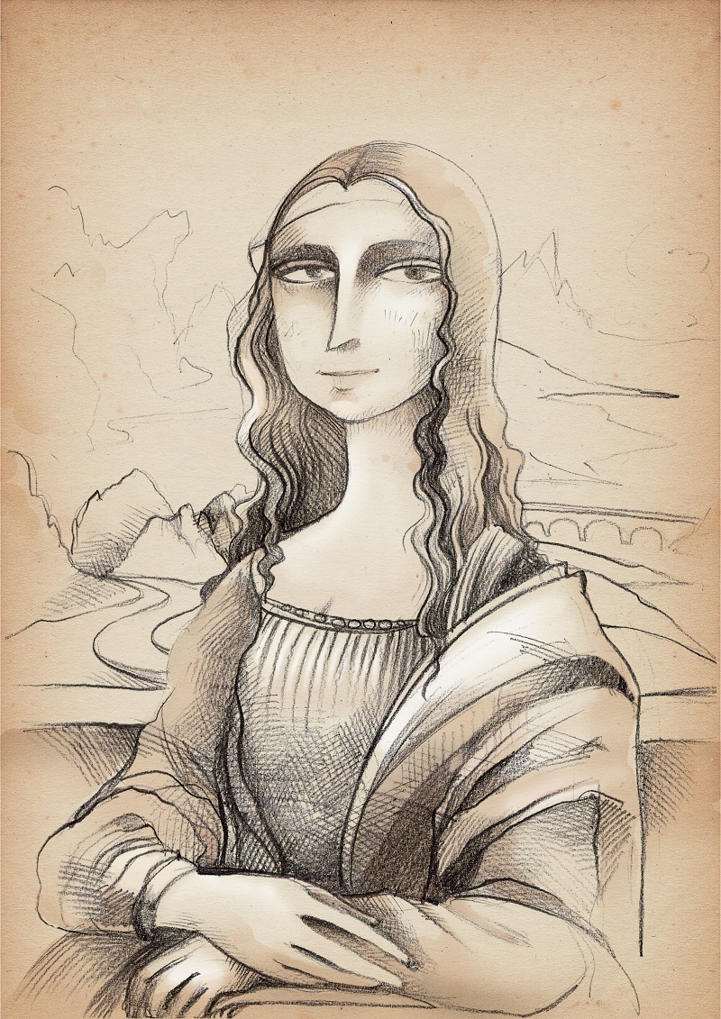 A drawn version of the Mona Lisa painting.