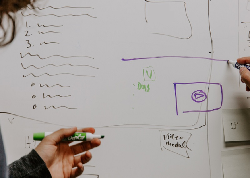 Two workers create an outline on a whiteboard.