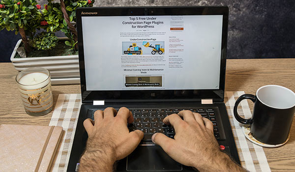 A person writing a blog post on a laptop.