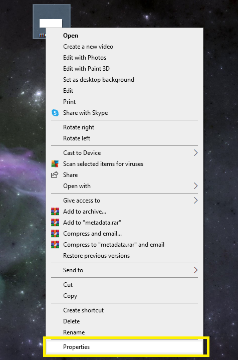 A screenshot of the Properties option on Windows.