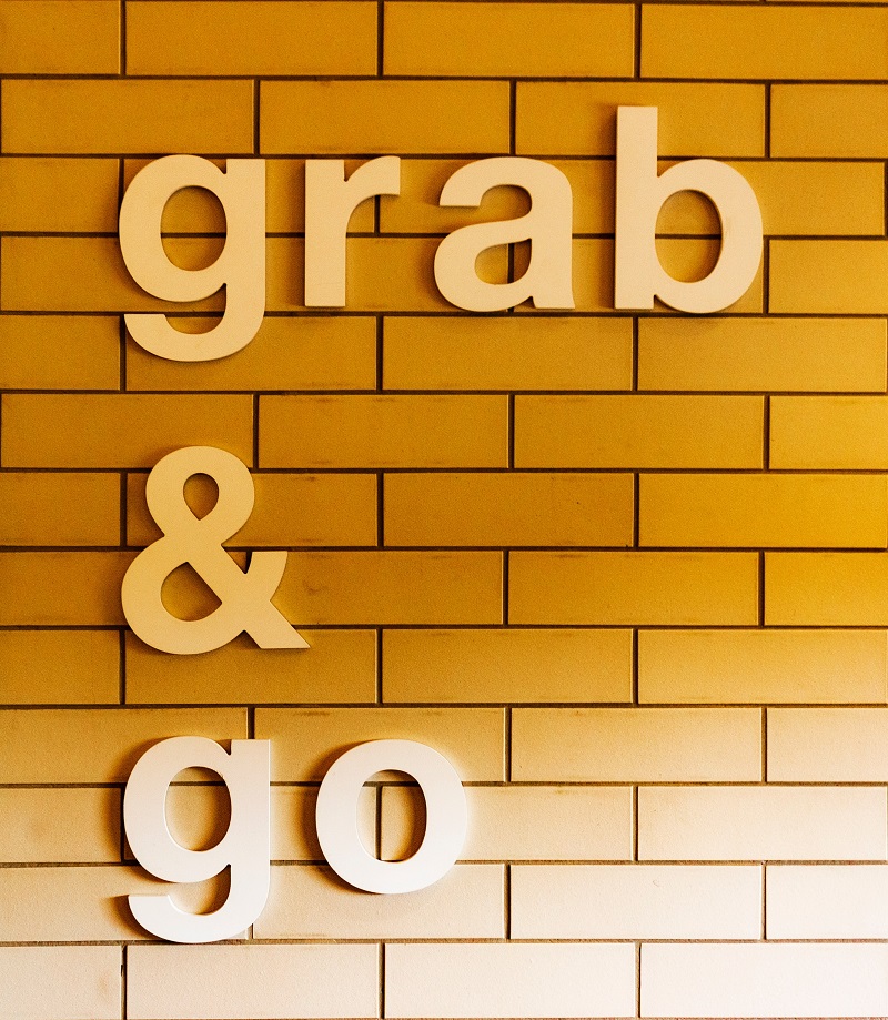 A wall that reads, "grab & go".