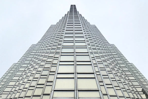 A tall skyscraper (view from below).