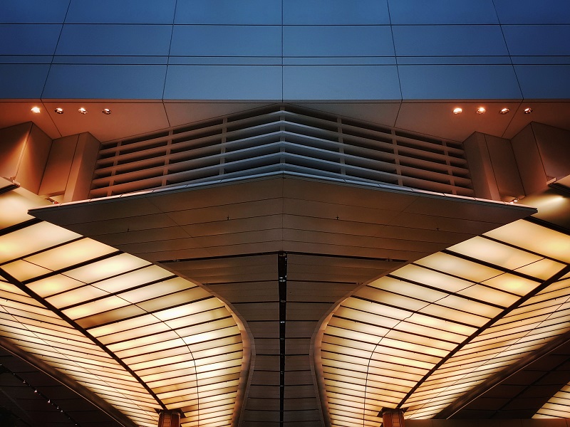 A building with symmetrical lights.