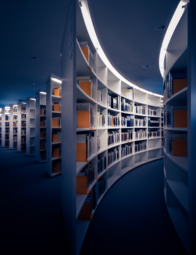 A collection of library shelves.