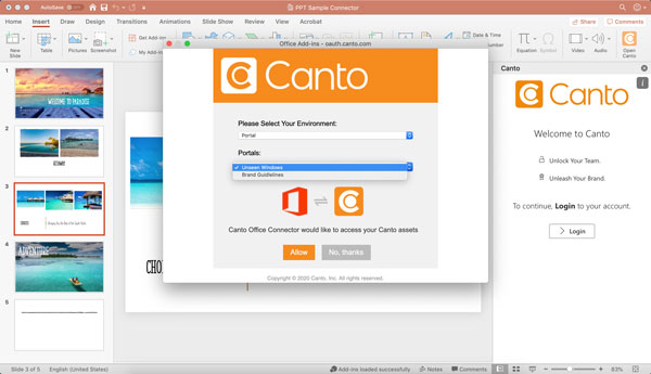 A screenshot of how to sign in into your Canto account using the Canto Connector in Microsoft PowerPoint.