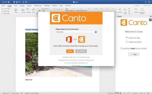 A screenshot of how to sign in into your Canto account using the Canto integration for Microsoft Word.