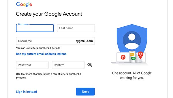 The signup page for Google.