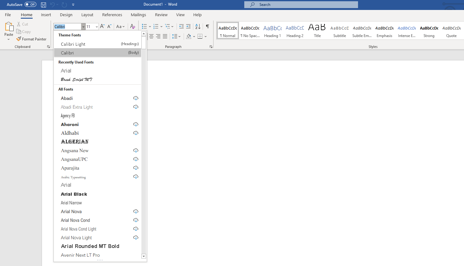 The dropdown menu inside Microsoft Word.