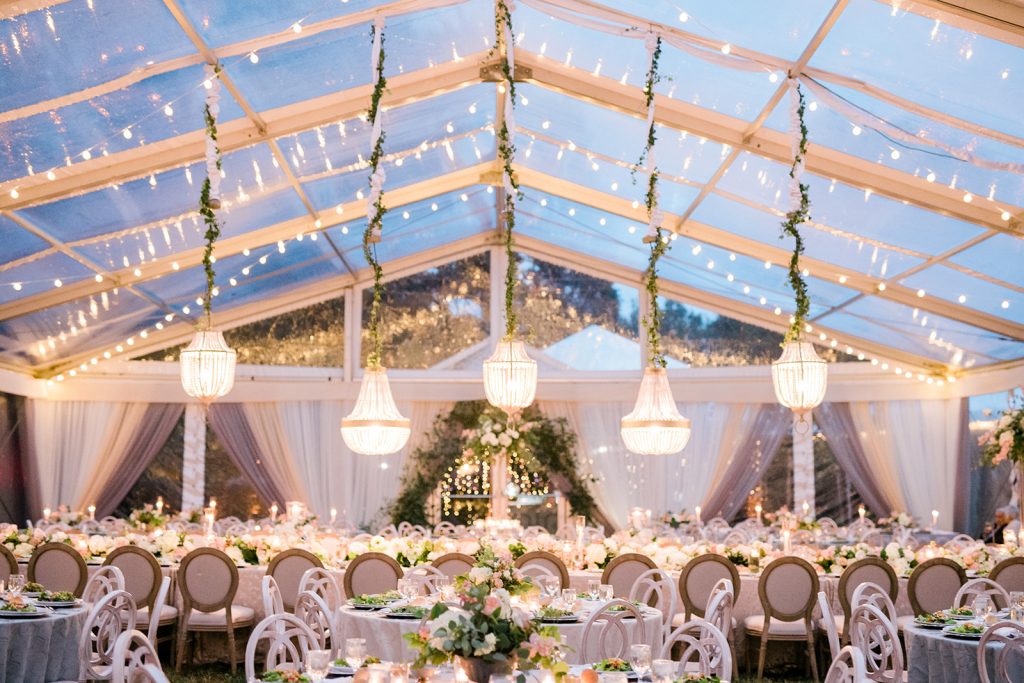 A festive tent for a wedding celebration.