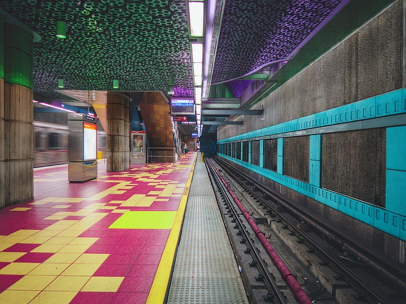 A multi-colored train station.