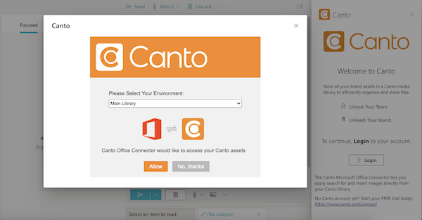 A screenshot showing how to setup the Canto Connector for Microsoft Outlook.