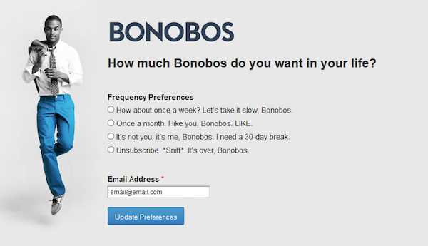 Email cadence options from Bonobos.