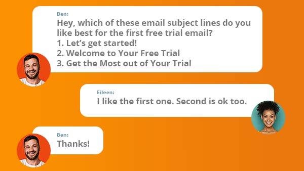 Chat conversation about subject line options.