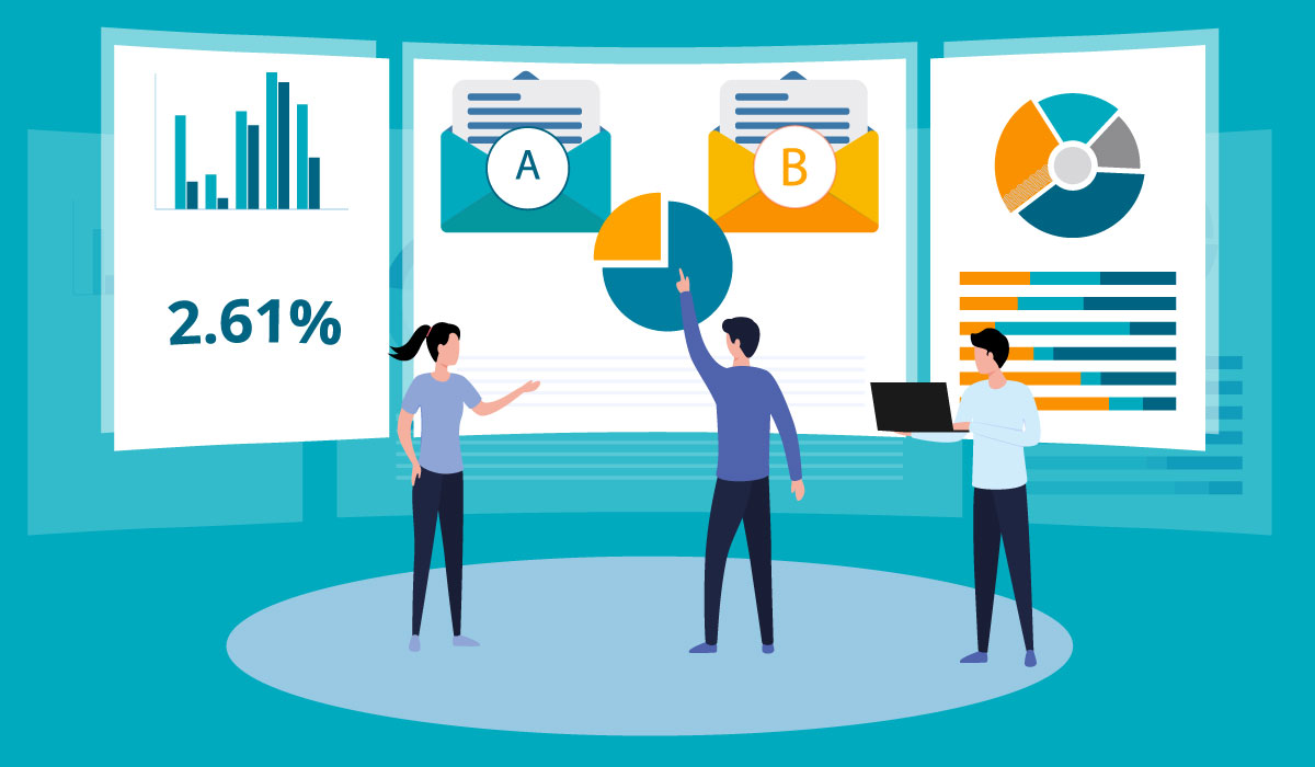 Three marketers looking at email analytics graphs.