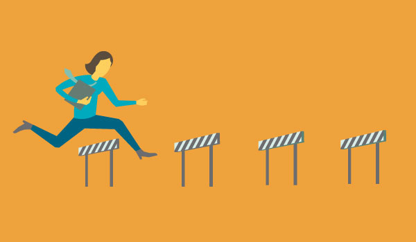 Illustration of woman jumping over hurdles.