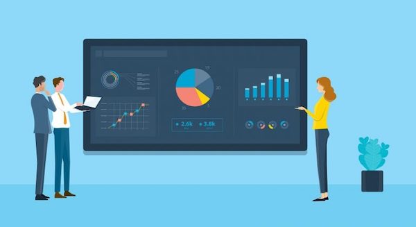 Illustration of marketers standing around a screen with graphs and data on it, discussing email campaign optimization.