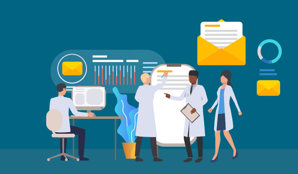 Illustration of scientists in a lab with graphs and email imagery in the background.