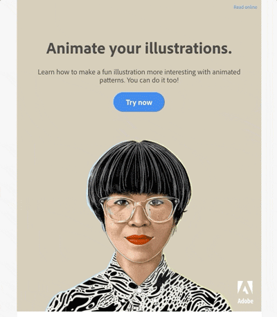 Animated email from Adobe featuring illustration of a woman with a moving pattern on her shirt.