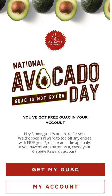 Chipotle email for National Avocado Day with call to action that says Get My Guac.