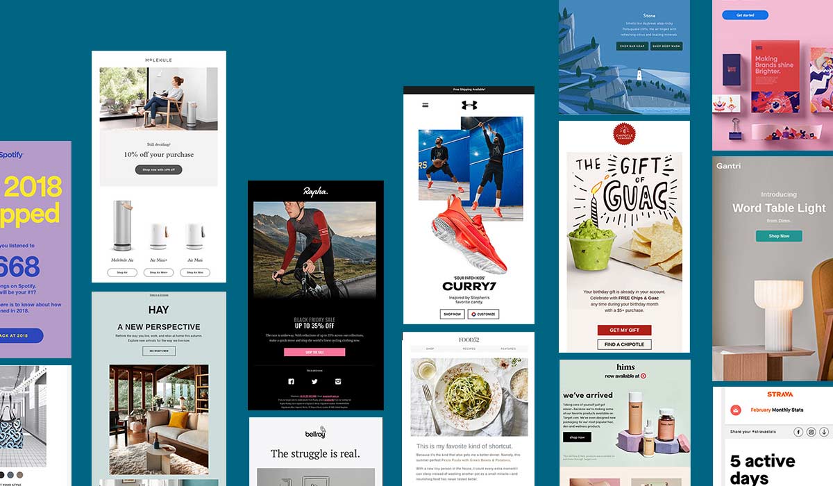Collage of various marketing email examples.