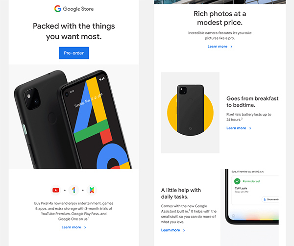 Excerpts from email marketing Google Pixel 4a.