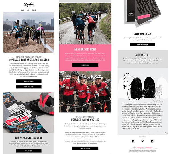 Long email newsletter from cycling brand Rapha.