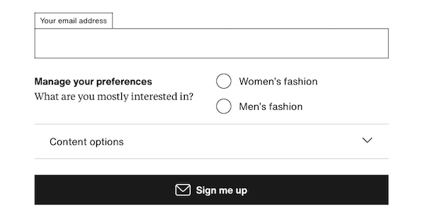 Email sign-up form offering preference options for men's and women's fashion.