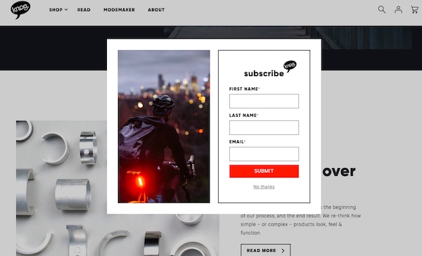 Pop-up email sign-up form on the Knog website.