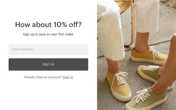 Everlane email sign-up form featuring photograph of tan shoes.