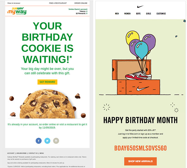 Birthday emails from Subway and Nike.