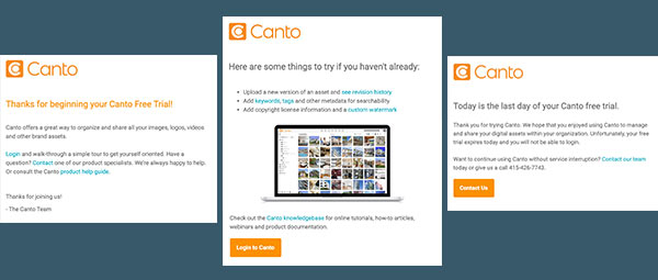 Three automated emails sent by Canto during a free trial.