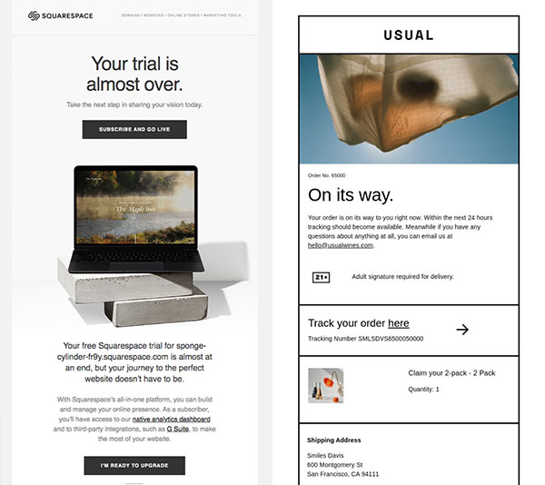 Automated emails announcing end of free trial and shipped order.
