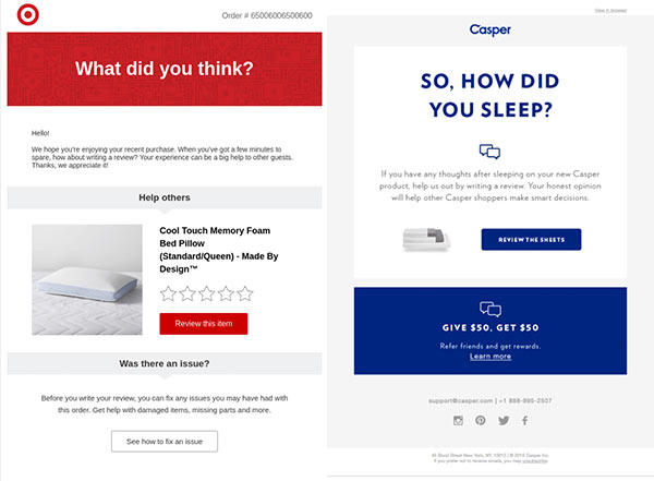 Emails requesting product reviews from Target and Casper.