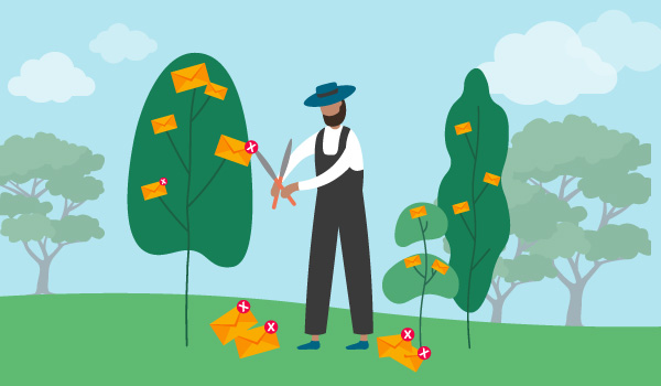 Illustration of gardener pruning emails off a bush, illustrating email list management.